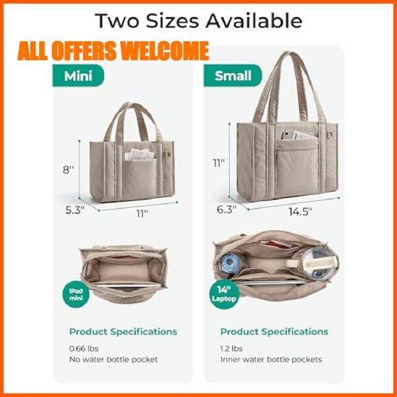 Quilted Crossbody Tote Bag with Zipper, Detachable Strap, Water-Resistant - Picture 5 of 8